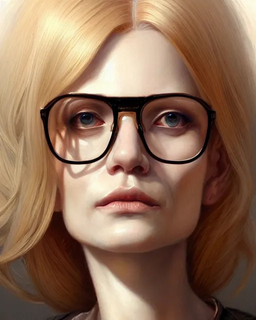 Prompt: portrait of thin blonde middle aged borg lady with glasses, ginger,, elegant, real life skin, intricate artwork, high detailed, artstation, concept art, smooth, sharp focus, art by artgerm and greg rutkowski @ ruprechy