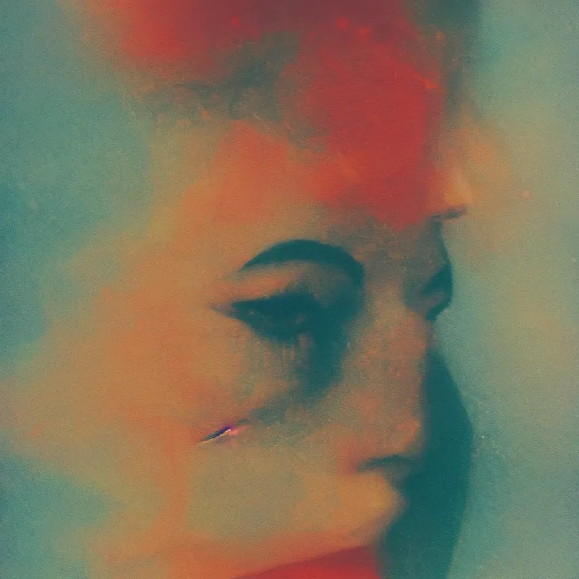 Image similar to a woman's face in the water, serene emotion, new polaroid, glitchy patterns, hazy, red, orange, yellow, soft lighting