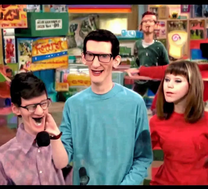 Image similar to a screenshot of neil cicierega introducing himself to carly in icarly ( 2 0 0 9 ), vhs quality, low quality