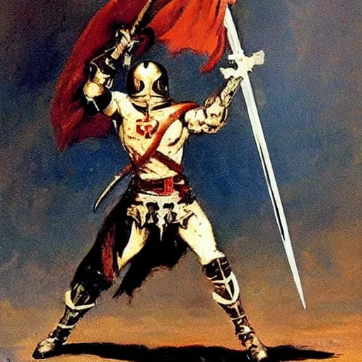 Image similar to a knight raising his sword painted by frank frazetta