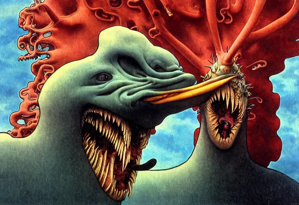 Image similar to realistic detailed portrait movie shot of a screaming birdman wearing black robes, sci fi landscape background by denis villeneuve, amano, yves tanguy, alphonse mucha, ernst haeckel, max ernst, roger dean, masterpiece, rich moody colours, snarling dog teeth, blue eyes