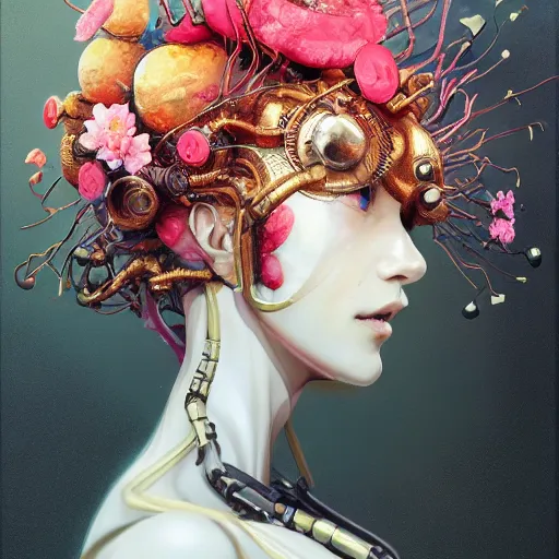 Image similar to surreal gouache painting, by yoshitaka amano, by ruan jia, by conrad roset, by good smile company, detailed anime 3 d render of a female mechanical android head with flowers growing out, portrait, cgsociety, artstation, rococo mechanical costume and grand headpiece, dieselpunk atmosphere