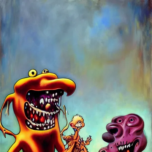 Prompt: courage the cowardly dog by frank frazetta, digital painting, masterpiece, acrylic, gouache, intricate brush strokes paint an amazing display of color and horror