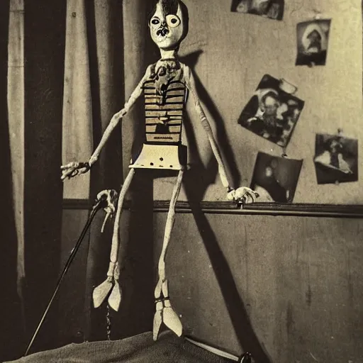 Prompt: female alive, creepy marionette puppet, horrific, unnerving, clockwork horror, pediophobia, lost photograph, dark, forgotten, final photo found before disaster, human laying unconscious in the background, polaroid,