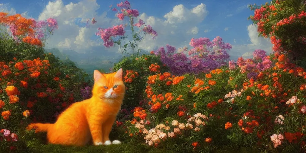 Image similar to orange fluffy cat with flowers growing near, Thomas Cole, artgem, Tyler Edlin and Jean Delville, wide angle, minimalistic, highly detailed, masterpiece