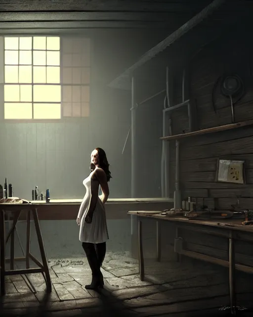 Image similar to style : disco elysium. composition : medium shot. style : digital art ; detailed ; menacing ; 4 k. scenery : the inside of a dark barn ; a faint ray of light is shining through a crack in the planks. subject : a young woman ; dark hair ; wearing a white dress. action : the woman is hiding behind a workbench.