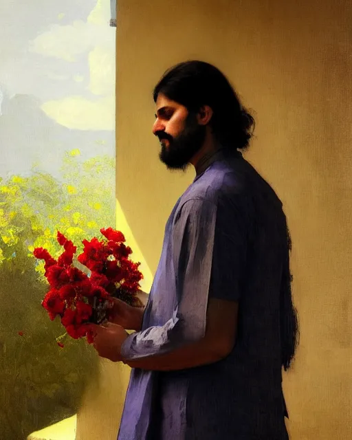 Image similar to a guy in a kurta waiting for his love to come, holding flowers, art by greg rutkowski, gustave courbet, rosa bonheur, edward hopper. faithfully depicted facial expression, perfect anatomy, sharp focus, global illumination, radiant light, detailed and intricate environment, trending on artstation