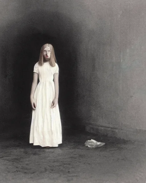 Prompt: a beautiful and eerie illustration of a pretty but horrifying young woman wearing a white dress standing in a vast and empty gallery with blood on the walls, and moonlight shining through the windows, vintage color photograph