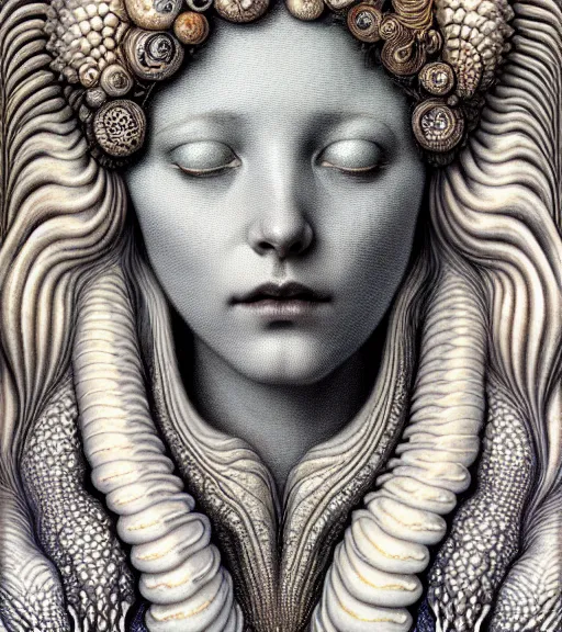 Image similar to detailed realistic beautiful oyster goddess face portrait by jean delville, gustave dore, iris van herpen and marco mazzoni, art forms of nature by ernst haeckel, art nouveau, symbolist, visionary, gothic, neo - gothic, pre - raphaelite, fractal lace, intricate alien botanicals, ai biodiversity, surreality, hyperdetailed ultrasharp octane render