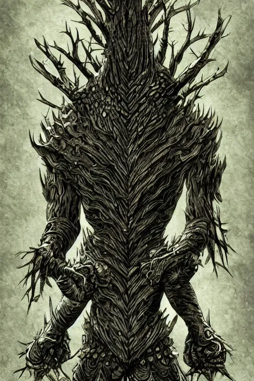 Image similar to armoured tree human figure monster, symmetrical, highly detailed, digital art, tree armour, sharp focus, trending on art station, kentaro miura manga art style