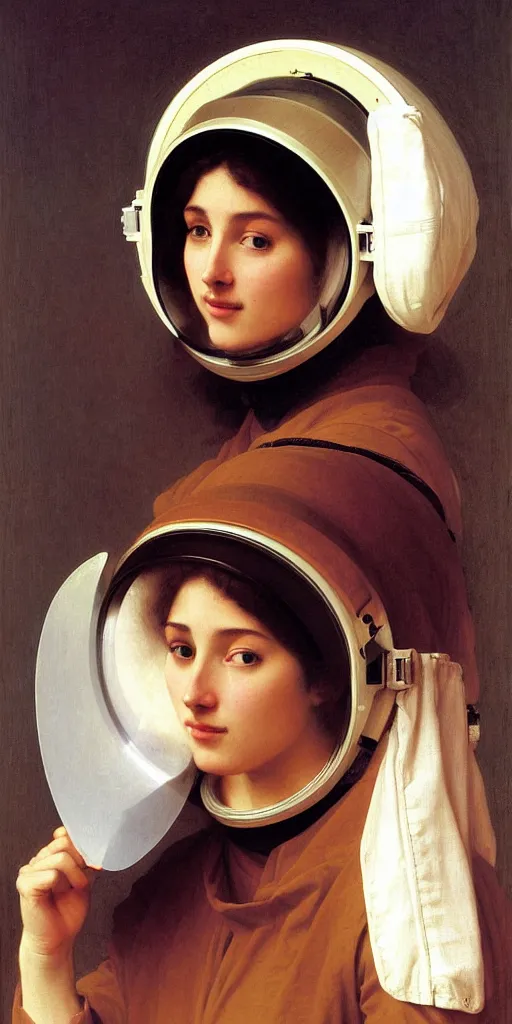 Prompt: portrait of woman in astronaut helmets an ancient human species, by bouguereau