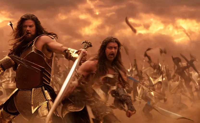 Image similar to cinematic still of a warrior with brown hair wielding a golden hilted sword in the style of 300 movie,