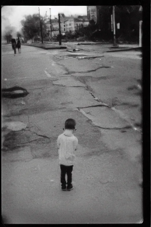 Image similar to photo polaroid of sad and lonely child in the middle of the street, destroyed buildings rubble, loneliness, war, black and white ,photorealistic, 35mm film,