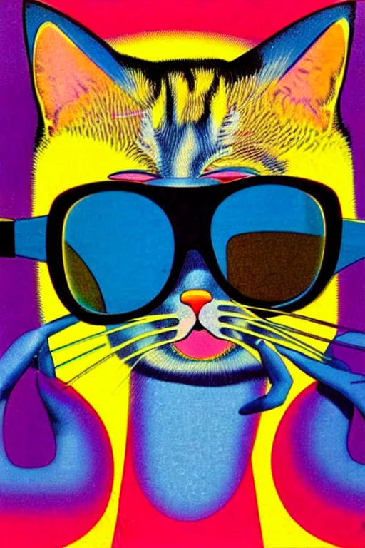 Prompt: by tadanori yokoo. cat wearing sunglasses. a 1 9 7 0 s retro illustration. detailed, sunburst