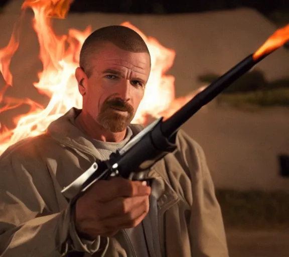 Prompt: flynn from breaking bad holding a flamethrower, movie still, photorealistic, clean composition