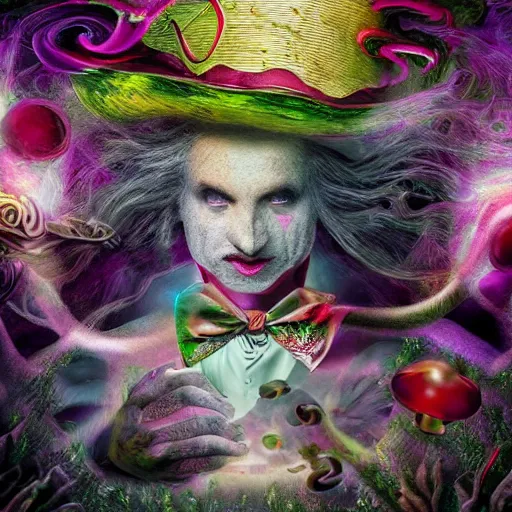 Prompt: dark fantasy, 4 k, textured 3 d, intense detail, psychedelic, alice in wonderland, white rabbit, mad hatter, amazing background, alex grey style