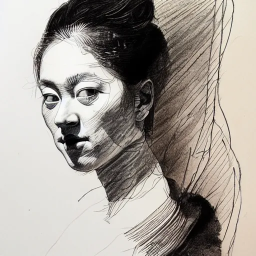 Prompt: ink drawing portrait of a woman in suit byjung gi kim, jenny saville, rembrandt and raphael and edward hopper