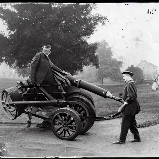 Image similar to photograph of an eldery gentleman towing a howitzer! artillery! which is connected to his mobility scooter, on a street