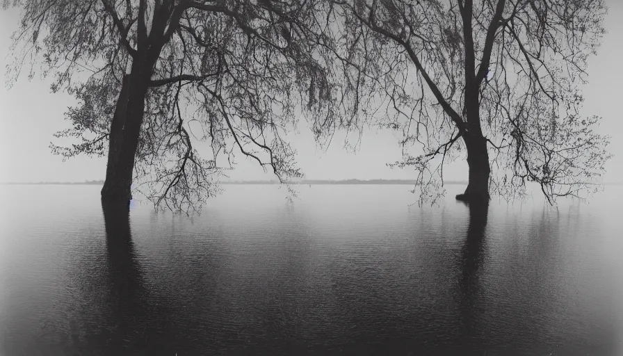 Image similar to photograph of an infinitely long rope floating on the surface of the water, the rope is snaking from the foreground towards the center of the lake, a dark lake on a cloudy day, trees in the background, moody scene, anamorphic lens, kodak color film stock