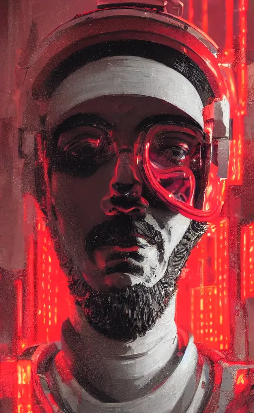 Image similar to detailed portrait Marcus Aurelius, cyberpunk futuristic neon, reflective red coats, decorated with traditional Rome ornaments, burning city behind by Ismail inceoglu dragan bibin hans thoma greg rutkowski Alexandros Pyromallis Nekro Rene Maritte Illustrated, Perfect face, fine details, realistic shaded, fine-face, pretty face