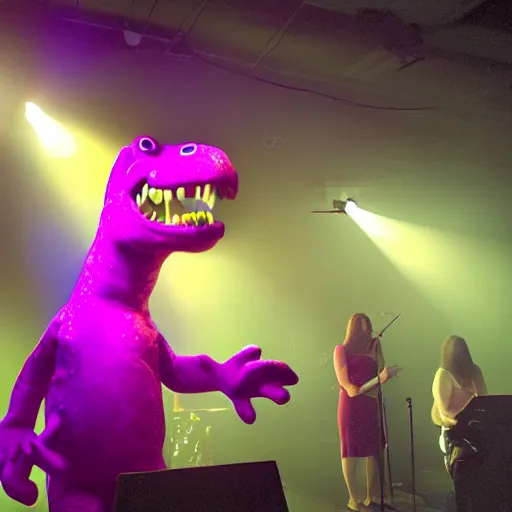 Image similar to Barney the Dinosaur leads a modern worship service, backlit, dramatic stage lighting, fog, neon cross