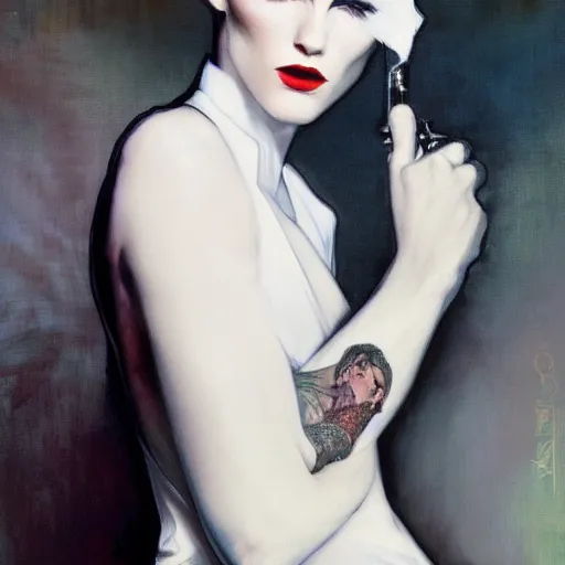 Image similar to handsome portrait of androgynous ruby rose as desire from sandman in a white tuxedo!!!, rockabilly style,, by alphonse mucha, by jeremy mann, by peter lindbergh, dave mckean, by frank moth, white suit and black tie, soft lightning, high detailed, 8 k