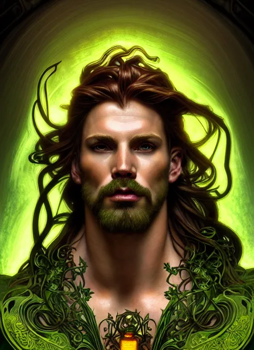 Image similar to portrait of demigod hercules, long wavy auburn hair, wild boar hide, glowing eyes, volumetric lights, green scheme, art nouveau botanicals, gothic, intricate, highly detailed, digital painting, artstation, concept art, smooth, sharp focus, symmetric face, illustration, steampunk, art by artgerm and greg rutkowski and alphonse mucha