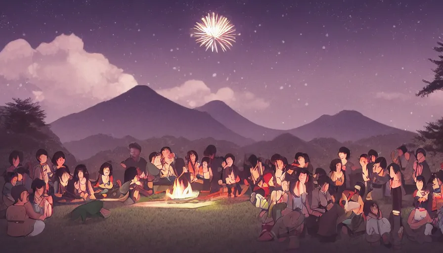 Prompt: party in a japanese village built in green mountains, fireplace, banquet, fireworks, lights at night, moon, manga style, hyperdetailed, artstation, cgsociety, 8 k