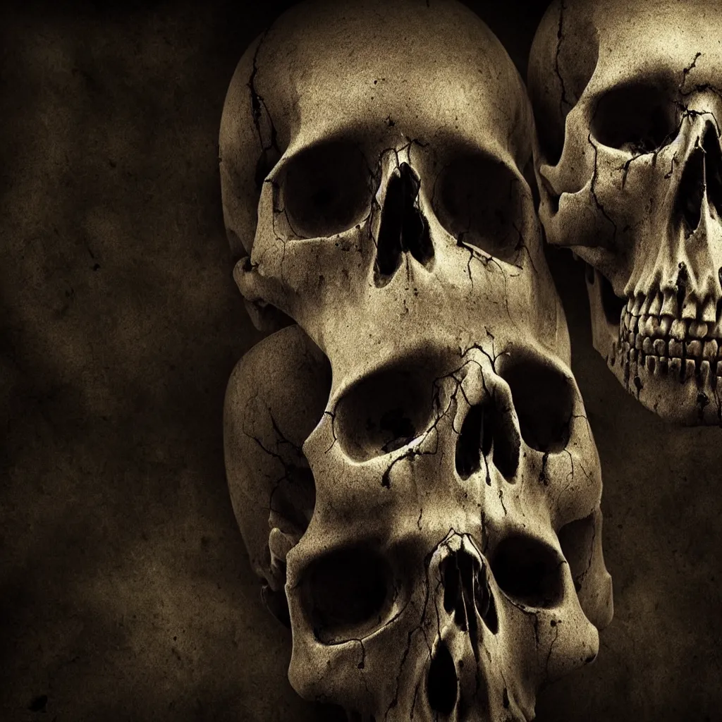 Prompt: one creepy skull, central composition, dark and mysterious, atmospheric, cinematic, 4k, ultra detail, ultra realistic