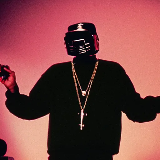 Prompt: mf doom holding a microphone