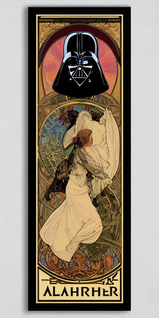 Image similar to Darth Vader helmet , elegant art nouveau poster by Alphonse Mucha