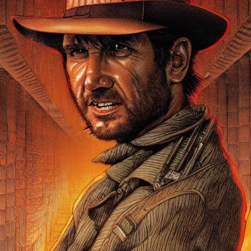 Prompt: portrait closeup of crazy indiana jones, symmetrical, by yoichi hatakenaka, masamune shirow, josan gonzales and dan mumford, ayami kojima, takato yamamoto, barclay shaw, karol bak, yukito kishiro