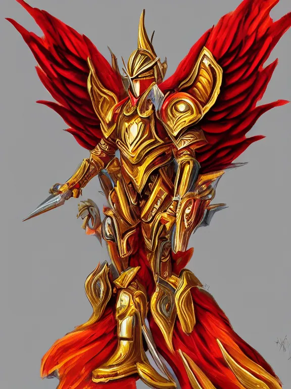 Prompt: Frontal view of a set of armor, phoenix-inspired, full body, empty, ornamental, Red, Gold, wings, d&d, simple, fantasy, Acrylic painting, trending on artstation, artstationHD, artstationHQ, cgsociety