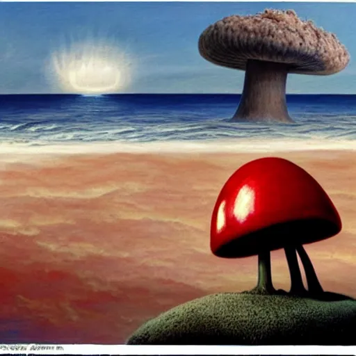 Prompt: a skeleton walking on a beach next to the ocean with nuclear bomb explosion in the background, a naturalism painting by Storm Thorgerson, featured on cg society, matte painting, realistic, chillwave, anatomically correct, light colors, photo-realistic huge mushroom-cloud on the horizon