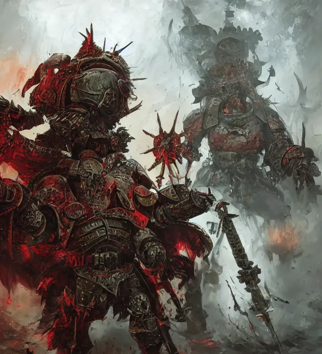 Image similar to battle scene portrait of armored heroes warhammer 4 0 k fight war fighting nurgle warrior, cesede, the chaos god of plague and decay, red chaos knight with cathedrals and columns, pestilence, champion, emperor, abbeys, elegant concept art by ruan jia