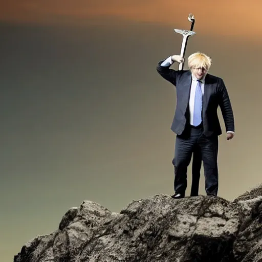 Prompt: Boris Johnson holding a sword standing on top of a mountain