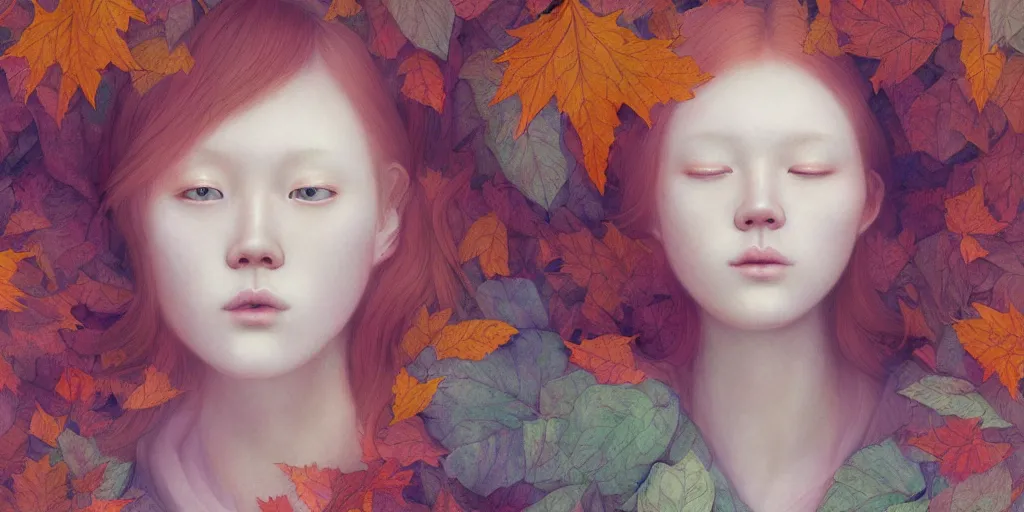 Prompt: breathtaking detailed pattern pastel colors of an ethereal ginger teenager with a face made of autumn leaves, by hsiao - ron cheng, bizarre compositions, exquisite detail, 8 k