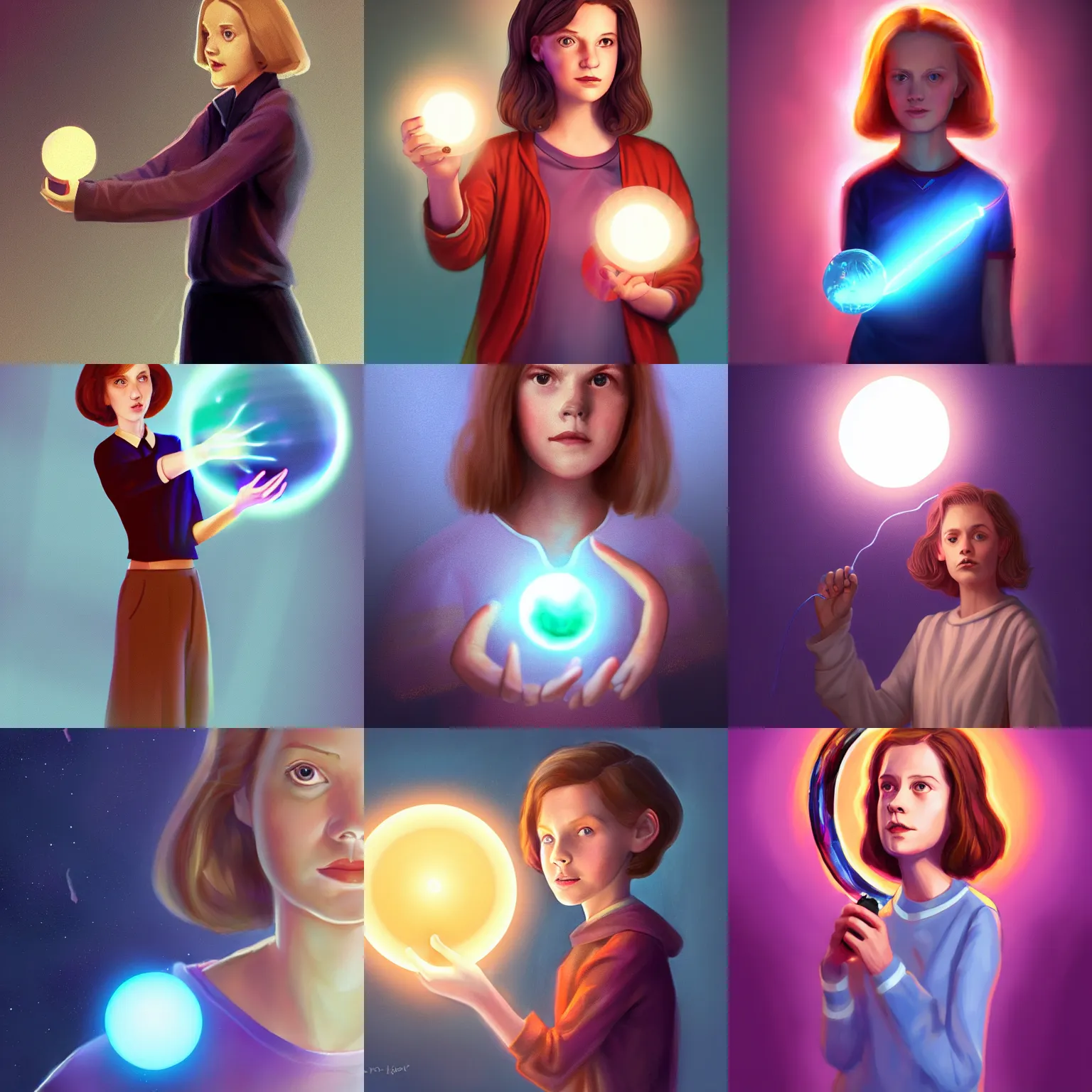 Prompt: Jane Hopper/Eleven, long hair, holding a magical glowing energy ball in her hand, digital art, trending on ArtStation