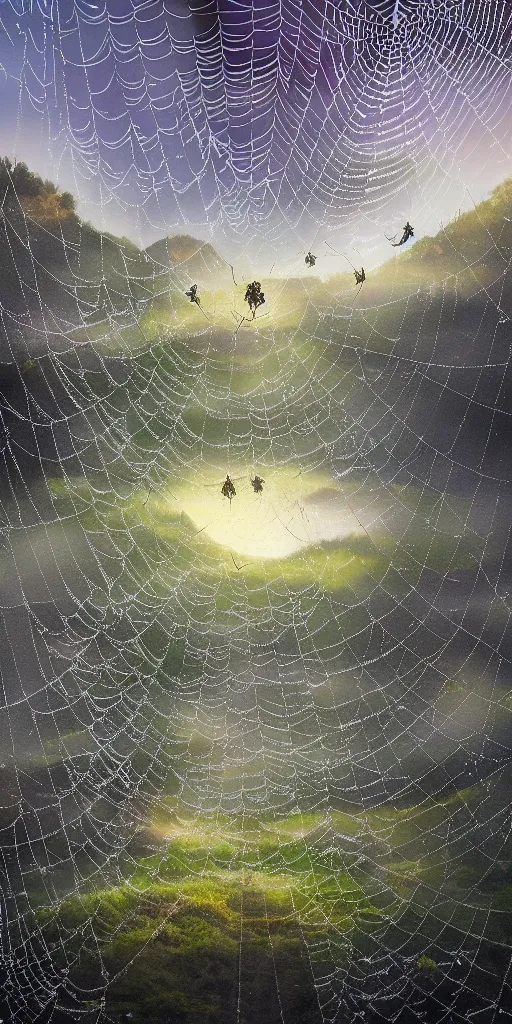 Prompt: people made out of spider web crawling up to the hill, on top of the hill shiny portal to another universe. lots of tiny spiders with the dark web at the bottom. small fireflies at the top. surrealism. high details, photorealistic, artstation trending. cinematic. epic.