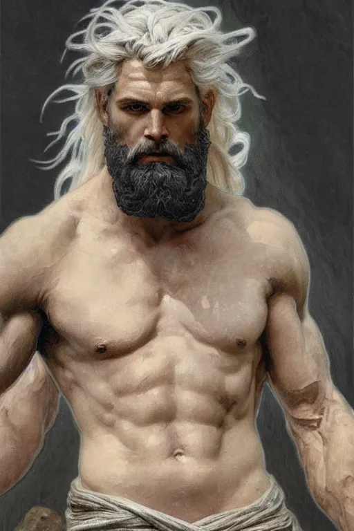 Prompt: painted portrait of rugged zeus, god of thunder, greek god, white hair, masculine, powerful, handsome, opulent, upper body, white robe, muscular, hairy torso, fantasy, intricate, elegant, highly detailed, digital painting, artstation, concept art, smooth, sharp focus, illustration, art by gaston bussiere and alphonse mucha