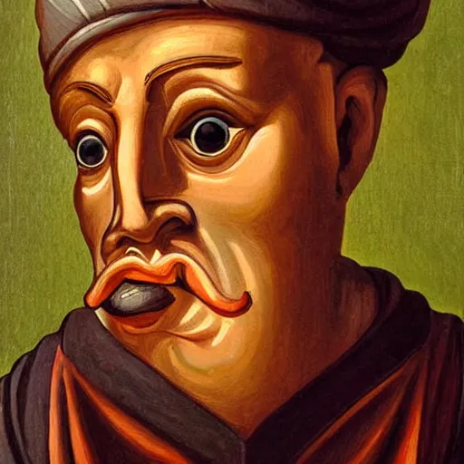 Image similar to portrait of ancient greek idiot with big eyes and sharp nose and open mouth. fine detail. artistic painting by lurid