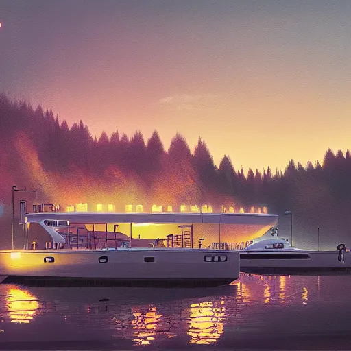 Image similar to yachting club by simon stalenhag