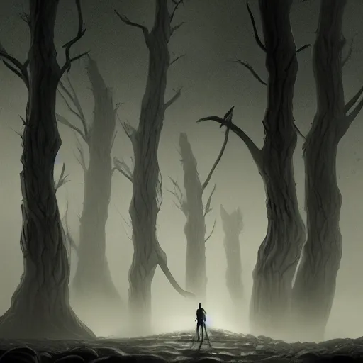 Image similar to a giant skeleton walks the earth, dark landscape, fog, matte painting, trending on artstation