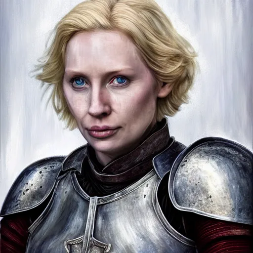 Prompt: head and shoulders portrait of a female knight, brienne of tarth, gwendoline christie, breastplate, game of thrones, by artgerm, face detail, extremely detailed, photo