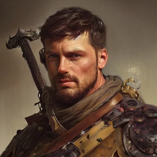 Image similar to portrait of a rugged ranger, muscular, upper body, sword, bow, D&D, fantasy, intricate, elegant, highly detailed, digital painting, artstation, concept art, smooth, sharp focus, illustration, art by artgerm and Greg Rutkowski and Alphonse Mucha