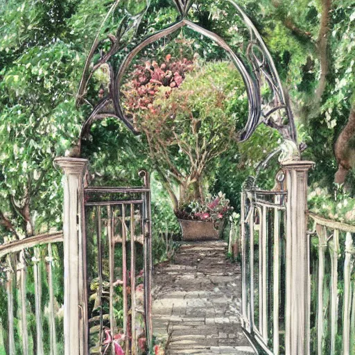 Image similar to delicate, chairs, garden, paved, botanic watercolors, iridescent, 8 k, realistic shaded, fine details, artstation, italian, iron gate, tree, mediterranean, marvelous