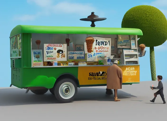 Image similar to an ice cream van that sells snake oil instead of ice cream, rowdy salesman hawking little brown bottles, medicine, snake van, painting by René Magritte, Grant Wood, 3D rendering by Beeple