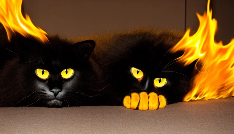 Image similar to big cat, black, fiery yellow eyes, flaming ears, paws, tail