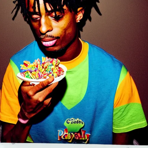 Image similar to a realistic photo of playboi carti eating fruity pebbles, film grain, vintage photo, high contrast