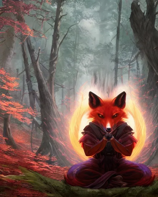 Image similar to Kitsune Fox Sorcerer meditating in the woods, magic the gathering artwork, D&D, fantasy, cinematic lighting, centered, symmetrical, highly detailed, digital painting, artstation, concept art, smooth, sharp focus, illustration, volumetric lighting, epic Composition, 8k, art by Akihiko Yoshida and Greg Rutkowski and Craig Mullins, heroic pose, oil painting, cgsociety, Tree Woodland atmosphere